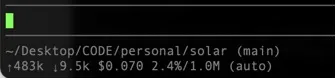 Terminal snapshot of the pi.dev prompt box showing 483k input tokens, 9.5k output tokens, $0.070 session cost, and 2.4% of the 1M context window used